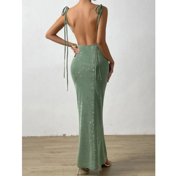 Luxe knot shoulder backless bodycon formal party evening dress - Picture 4 of 7